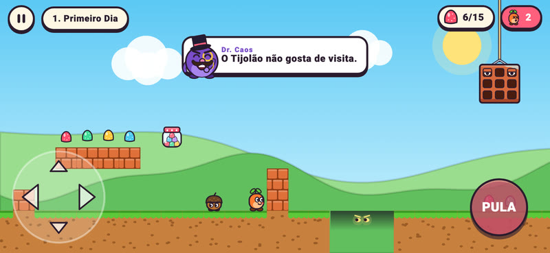 Fase Primeiro Dia: o Tico no campo, perto de uma Bolota e de uma coluna de tijolos, com um pote de jujubas no ar e o Tijolão pendurado numa corda lá no alto. O Dr. Caos diz: O Tijolão não gosta de visita.